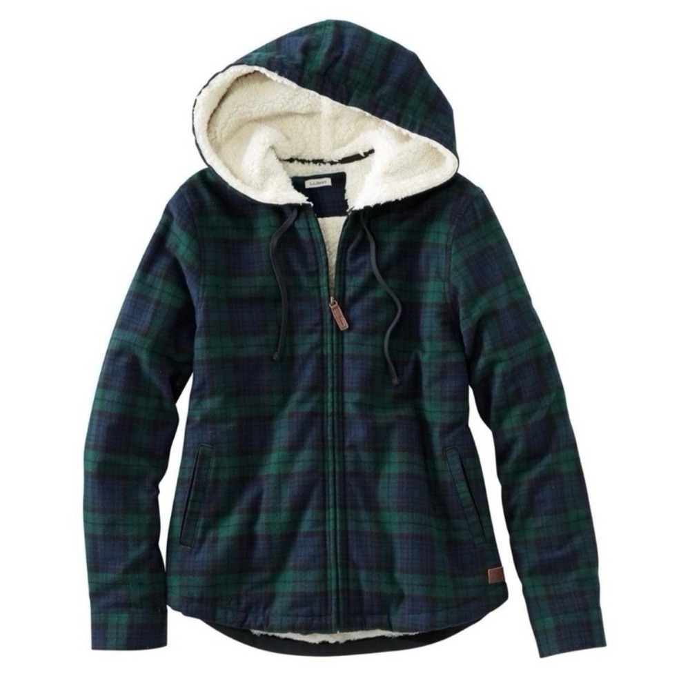 LL Bean Scotch Plaid Flannel Shirt Sherpa Lined Zip Hoodie Jacket Blue Green S